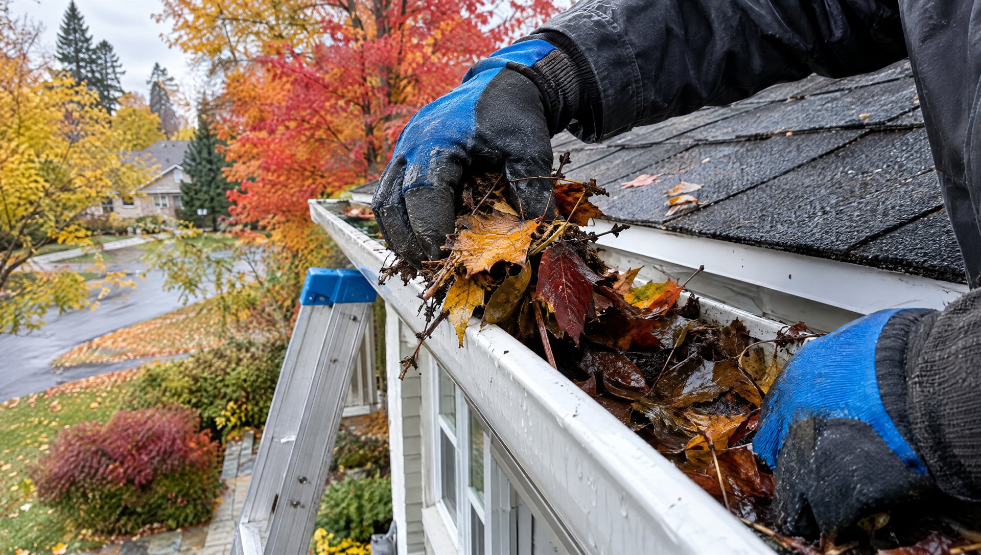 Retrait des feuilles mortes dans une gouttière